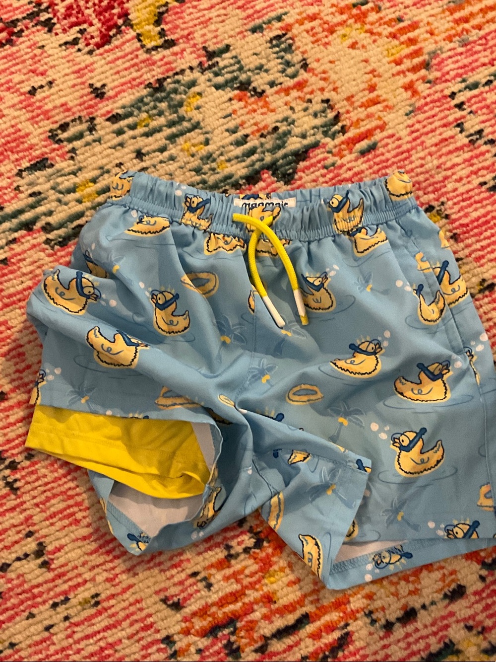 Kids Blue Duck Print Swim Trunks with Yellow Drawcord